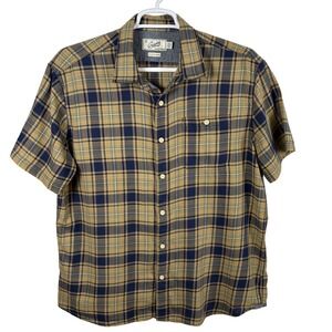 Grayers Button-Up Shirt Men's XL Tan Navy Plaid Cotton Short-Sleeve Gorpcore